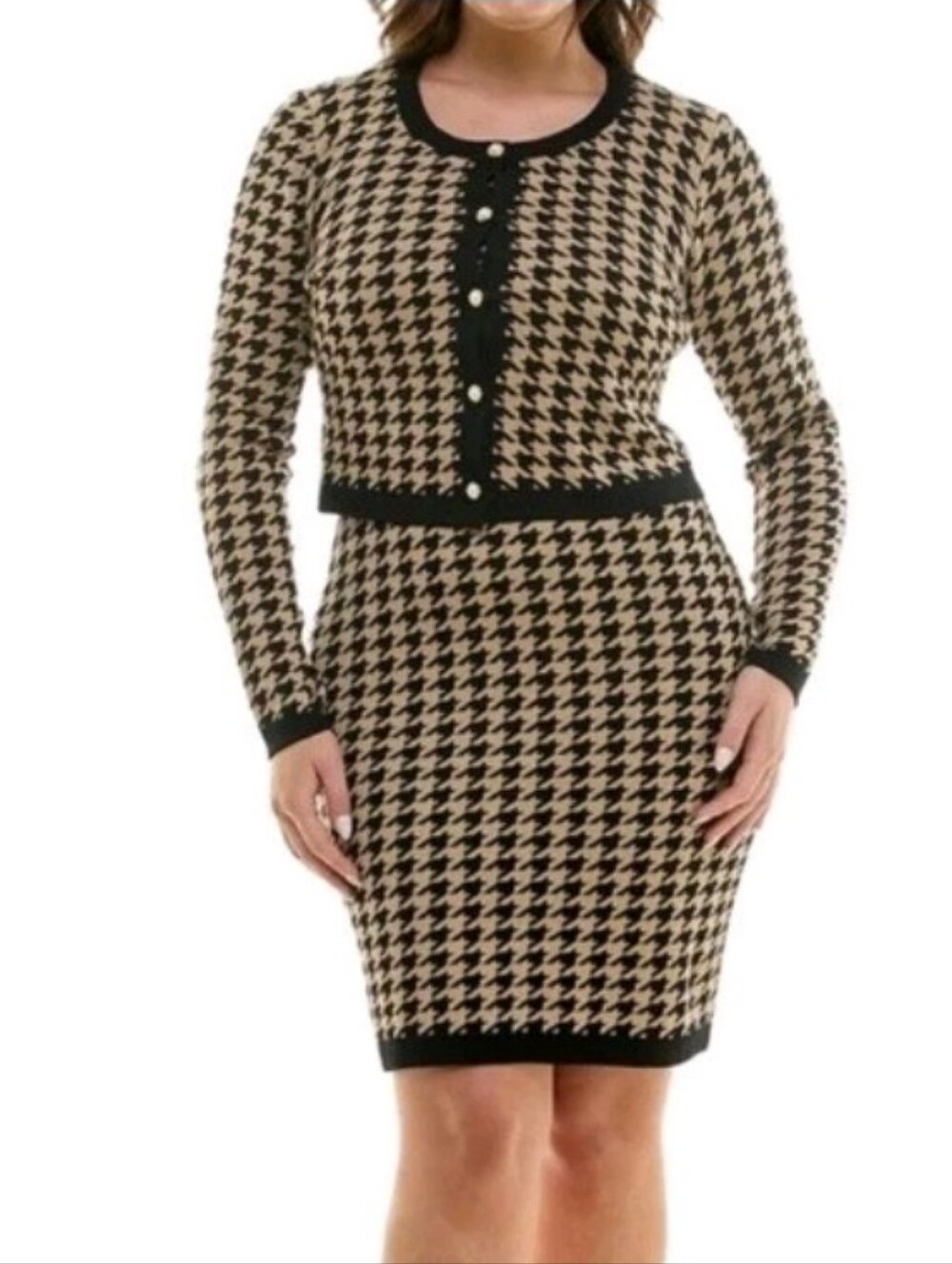 Taylor NWT Houndstooth Knit 2 Piece Dress Cardigan Set Black Tan XL Classic